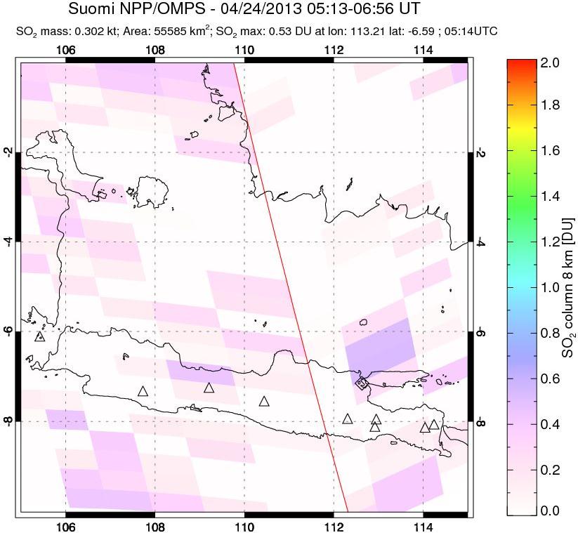 A sulfur dioxide image over Java, Indonesia on Apr 24, 2013.