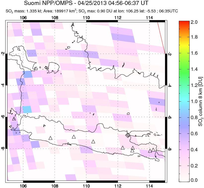 A sulfur dioxide image over Java, Indonesia on Apr 25, 2013.