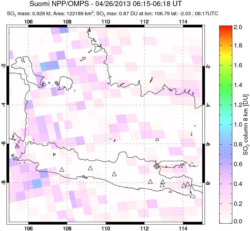 A sulfur dioxide image over Java, Indonesia on Apr 26, 2013.