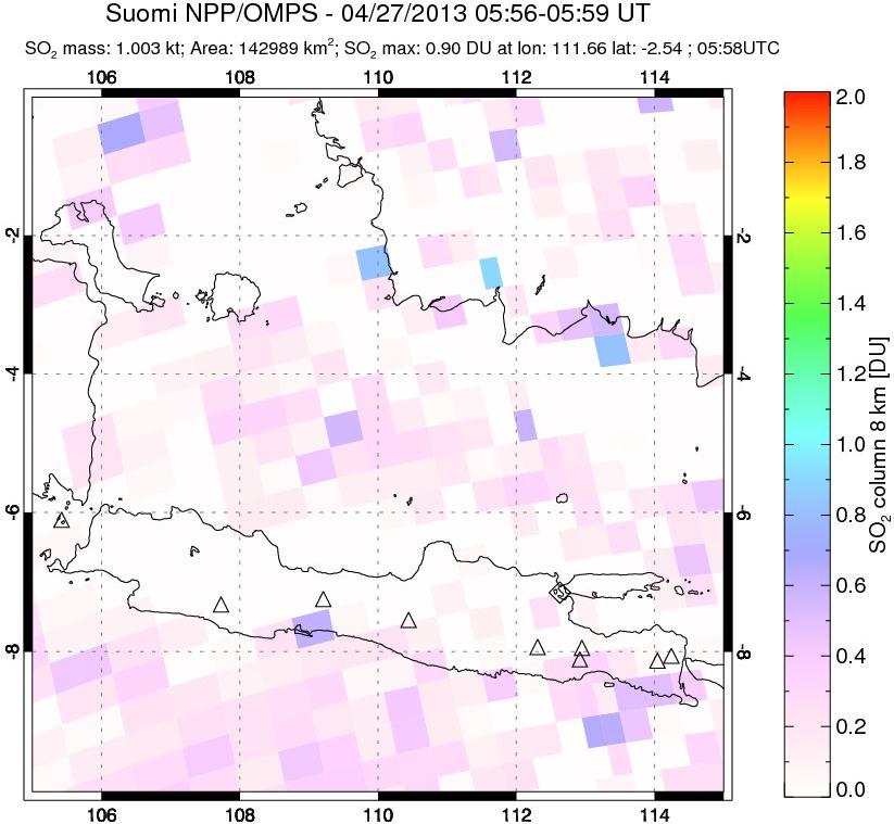 A sulfur dioxide image over Java, Indonesia on Apr 27, 2013.