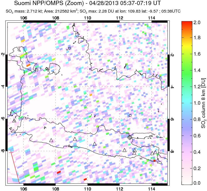 A sulfur dioxide image over Java, Indonesia on Apr 28, 2013.