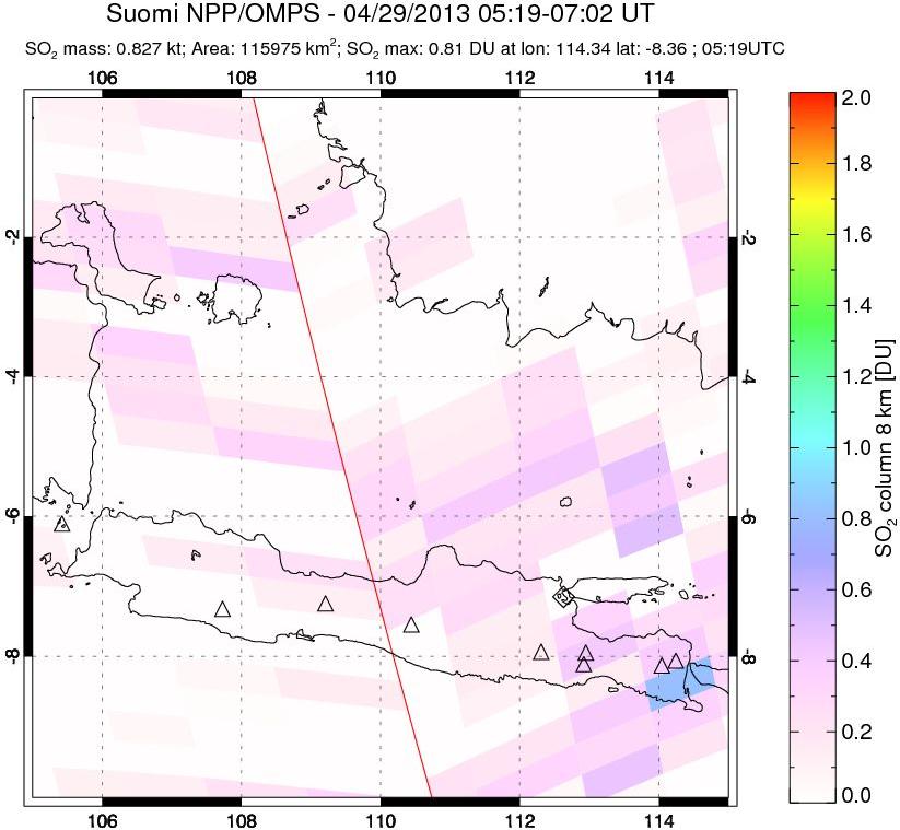 A sulfur dioxide image over Java, Indonesia on Apr 29, 2013.