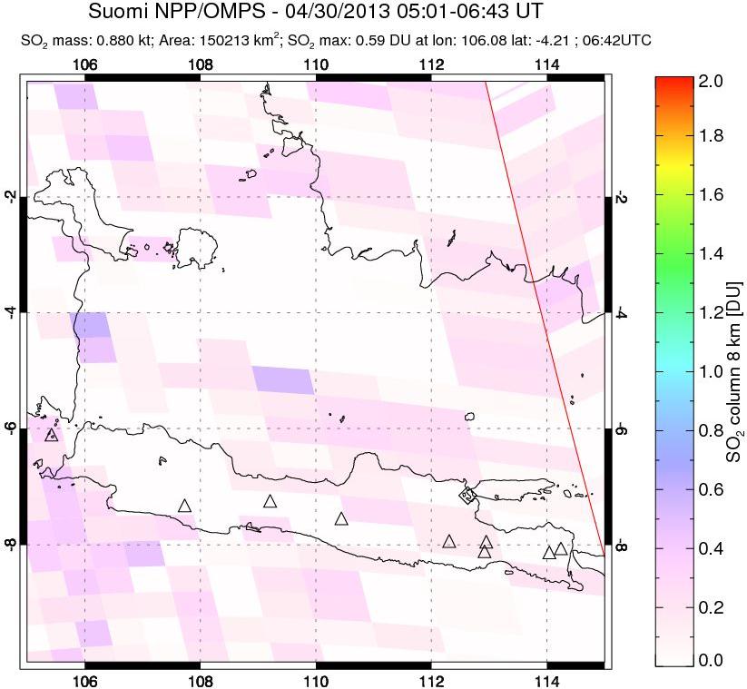 A sulfur dioxide image over Java, Indonesia on Apr 30, 2013.