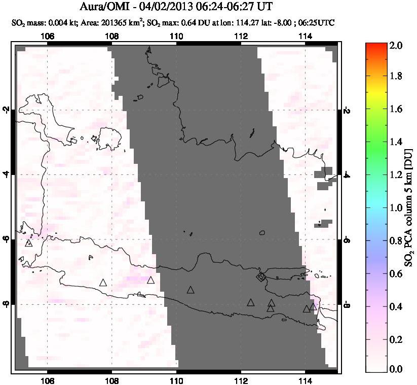 A sulfur dioxide image over Java, Indonesia on Apr 02, 2013.