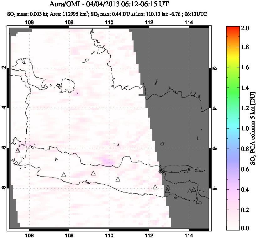 A sulfur dioxide image over Java, Indonesia on Apr 04, 2013.