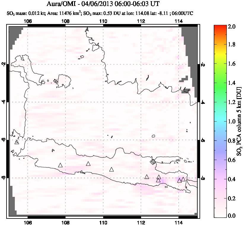 A sulfur dioxide image over Java, Indonesia on Apr 06, 2013.