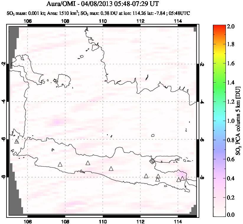 A sulfur dioxide image over Java, Indonesia on Apr 08, 2013.