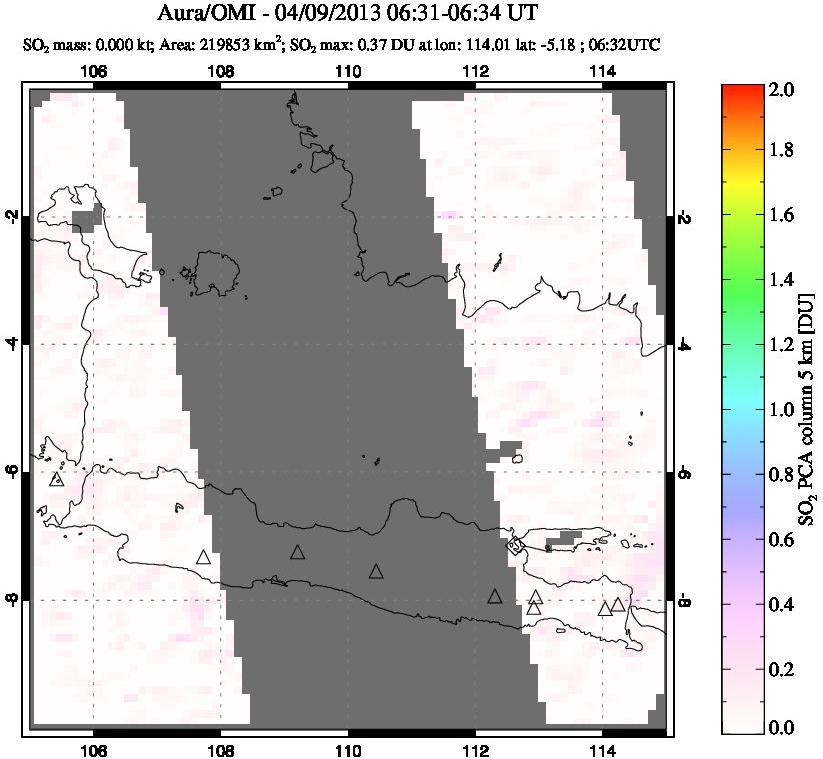 A sulfur dioxide image over Java, Indonesia on Apr 09, 2013.