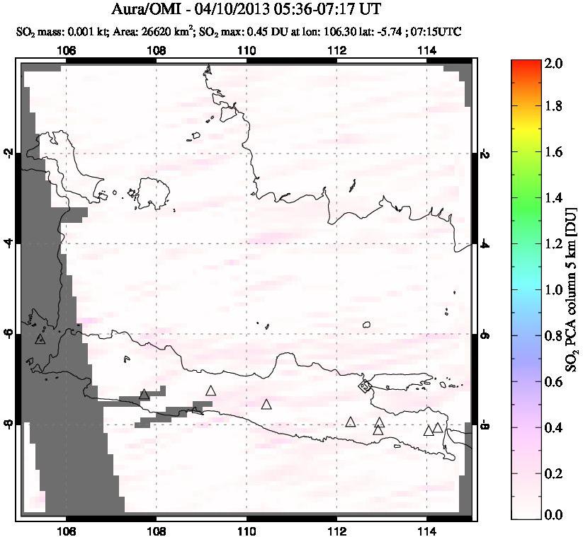 A sulfur dioxide image over Java, Indonesia on Apr 10, 2013.