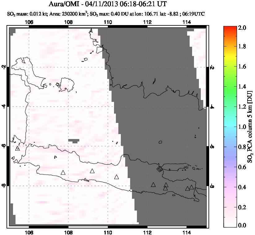 A sulfur dioxide image over Java, Indonesia on Apr 11, 2013.