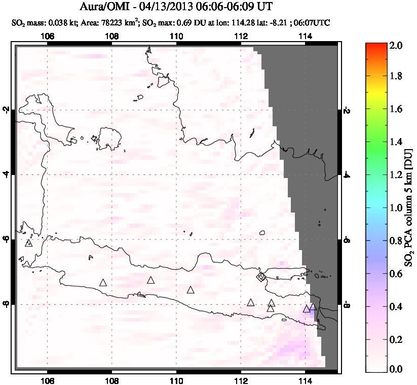 A sulfur dioxide image over Java, Indonesia on Apr 13, 2013.