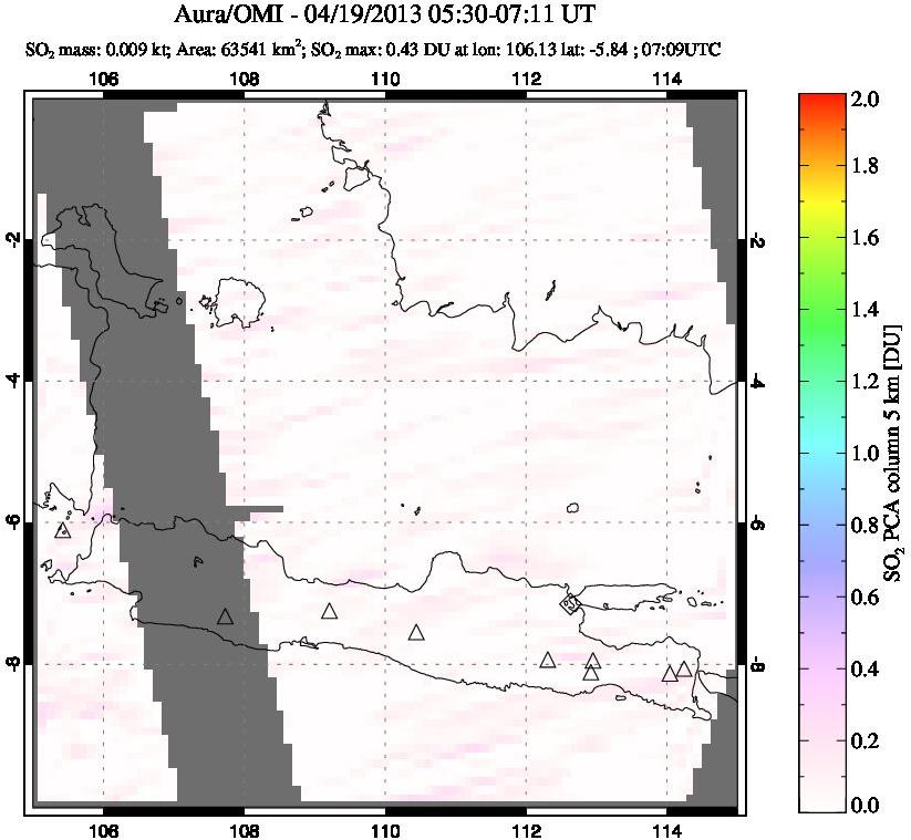 A sulfur dioxide image over Java, Indonesia on Apr 19, 2013.