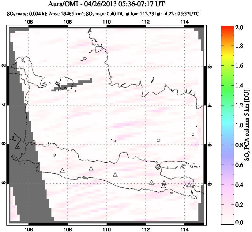 A sulfur dioxide image over Java, Indonesia on Apr 26, 2013.
