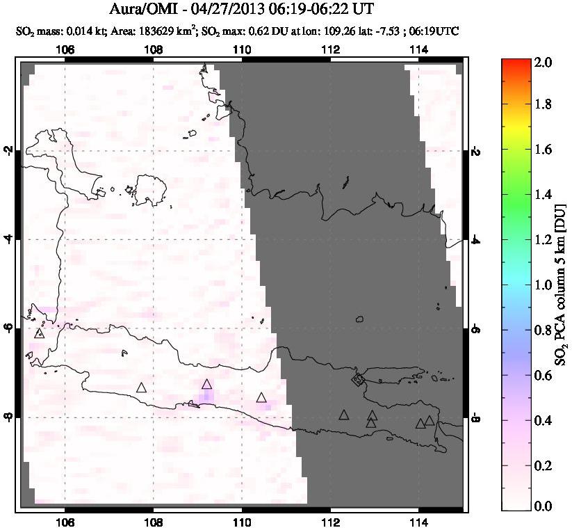 A sulfur dioxide image over Java, Indonesia on Apr 27, 2013.
