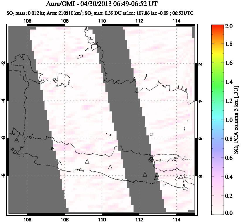 A sulfur dioxide image over Java, Indonesia on Apr 30, 2013.