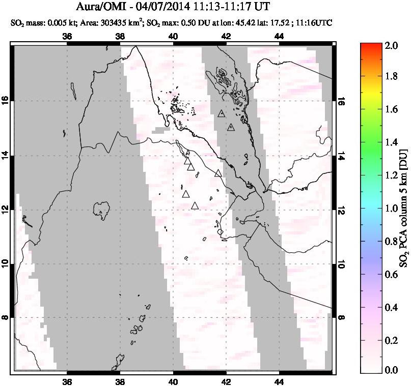 A sulfur dioxide image over Afar and southern Red Sea on Apr 07, 2014.