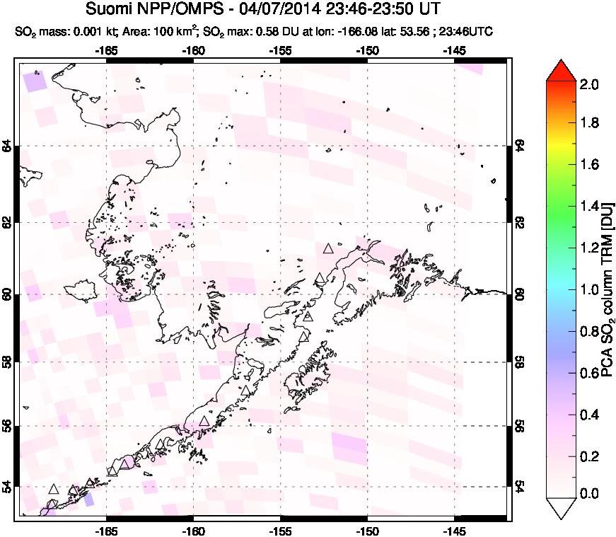 A sulfur dioxide image over Alaska, USA on Apr 07, 2014.