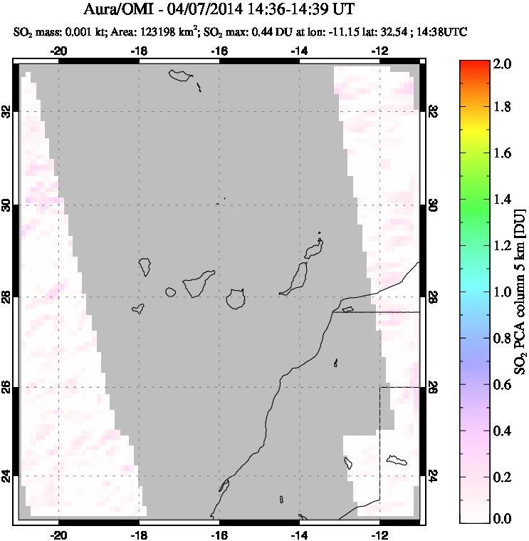 A sulfur dioxide image over Canary Islands on Apr 07, 2014.