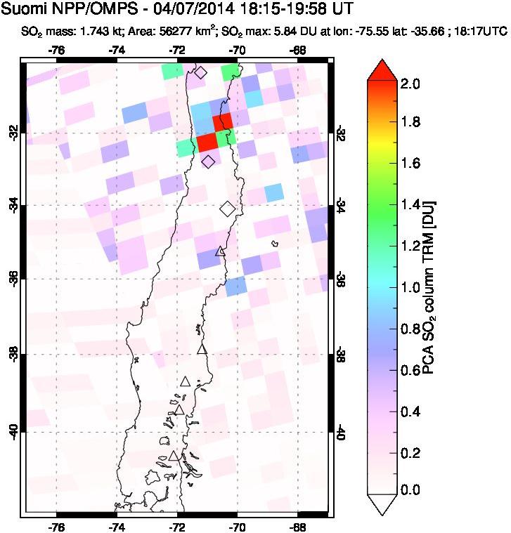 A sulfur dioxide image over Central Chile on Apr 07, 2014.