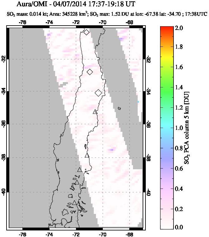 A sulfur dioxide image over Central Chile on Apr 07, 2014.