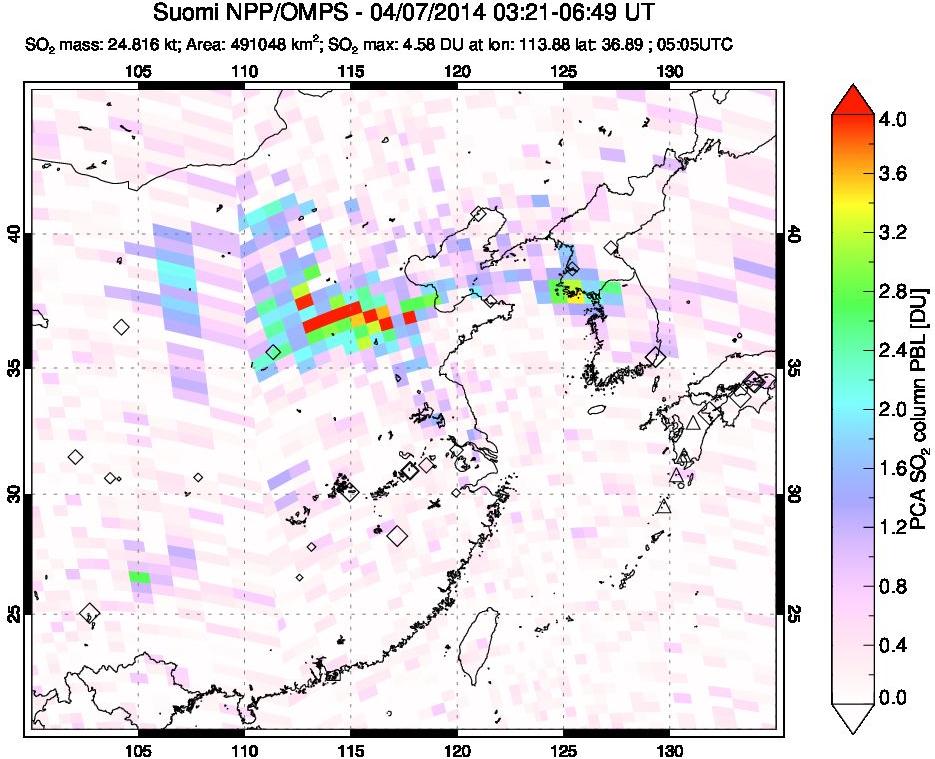 A sulfur dioxide image over Eastern China on Apr 07, 2014.