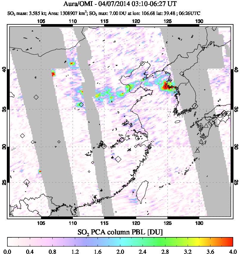 A sulfur dioxide image over (Eastern) China on Apr 07, 2014.
