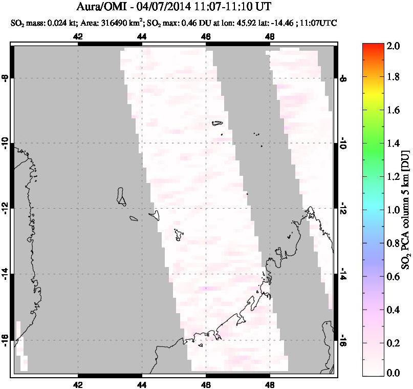 A sulfur dioxide image over Comoro Islands on Apr 07, 2014.
