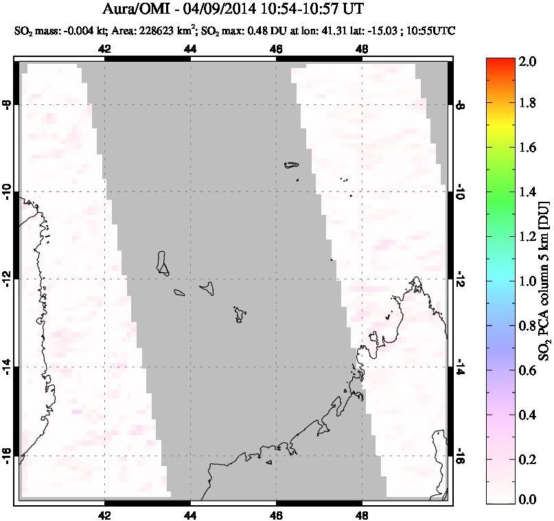 A sulfur dioxide image over Comoro Islands on Apr 09, 2014.