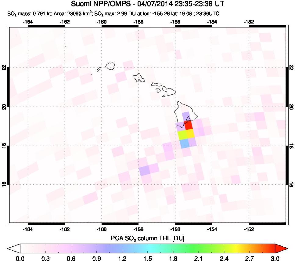 A sulfur dioxide image over Hawaii, USA on Apr 07, 2014.
