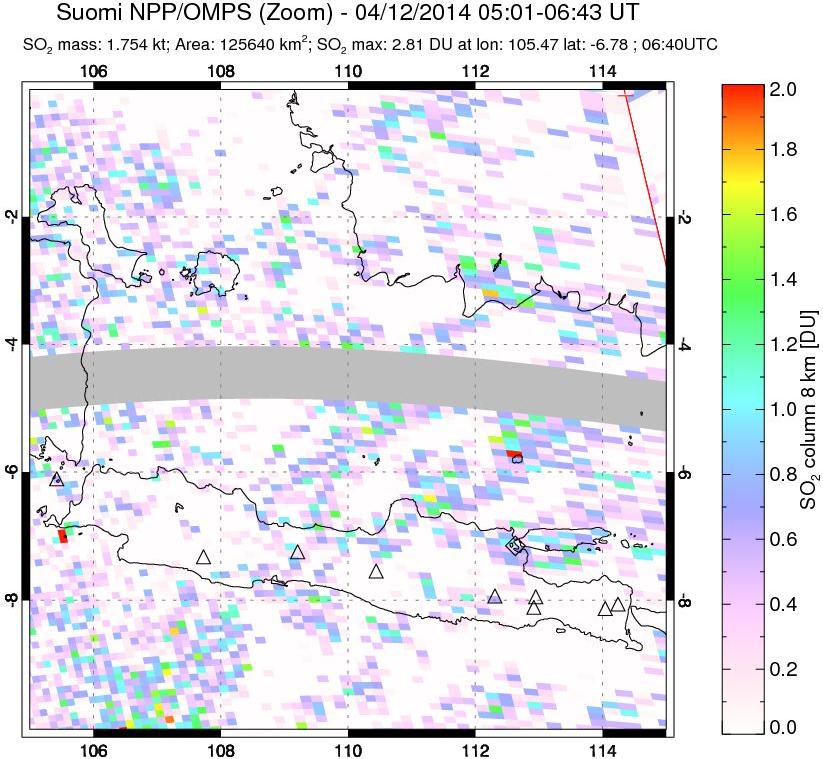 A sulfur dioxide image over Java, Indonesia on Apr 12, 2014.