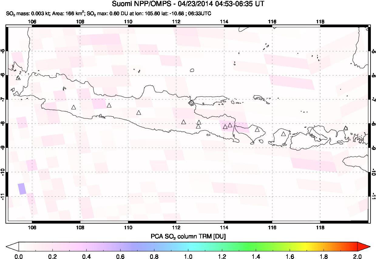 A sulfur dioxide image over Java, Indonesia on Apr 23, 2014.