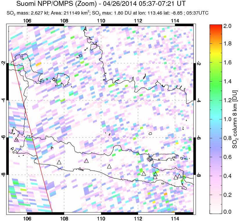 A sulfur dioxide image over Java, Indonesia on Apr 26, 2014.