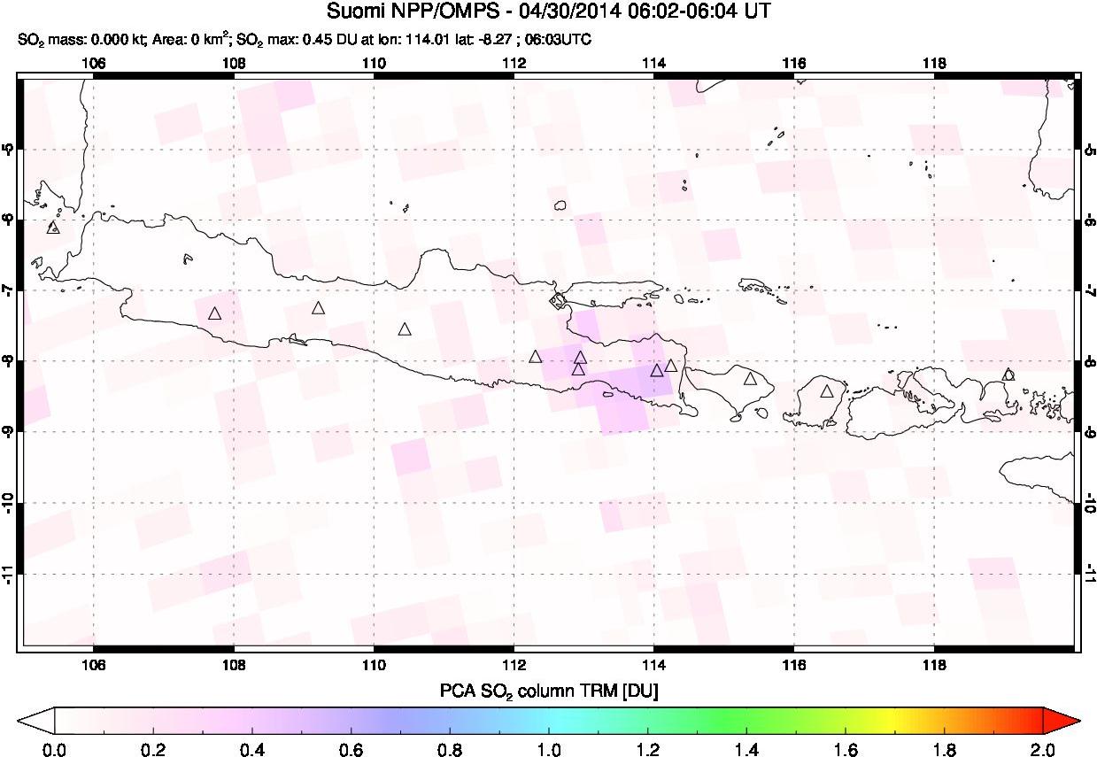 A sulfur dioxide image over Java, Indonesia on Apr 30, 2014.