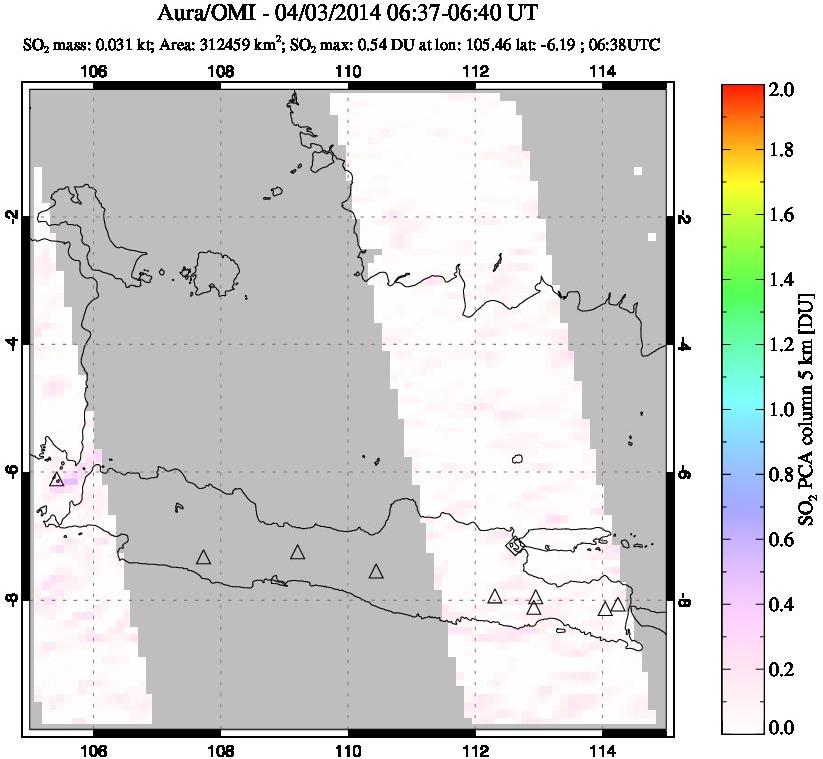 A sulfur dioxide image over Java, Indonesia on Apr 03, 2014.