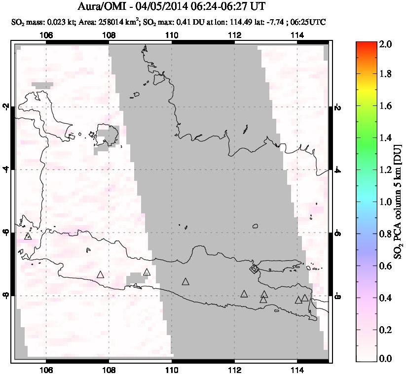 A sulfur dioxide image over Java, Indonesia on Apr 05, 2014.