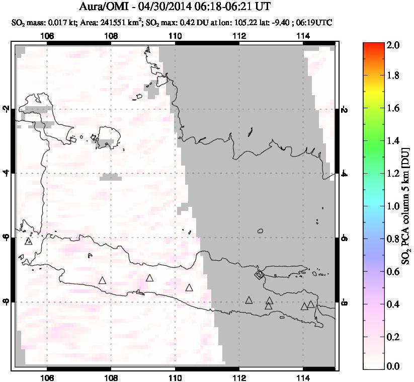 A sulfur dioxide image over Java, Indonesia on Apr 30, 2014.