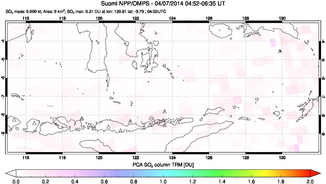 A sulfur dioxide image over Lesser Sunda Islands, Indonesia on Apr 07, 2014.