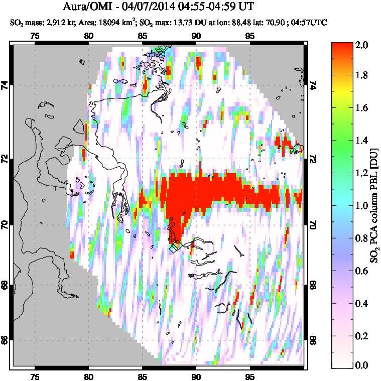 A sulfur dioxide image over Norilsk, Russian Federation on Apr 07, 2014.