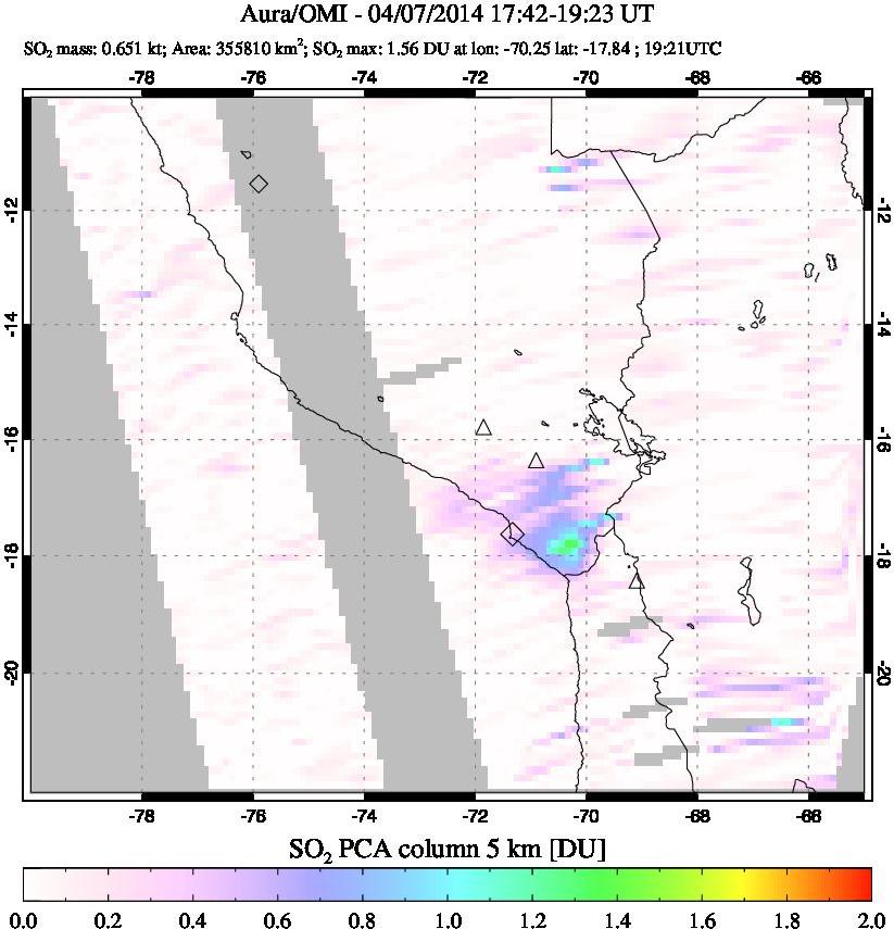 A sulfur dioxide image over Peru on Apr 07, 2014.