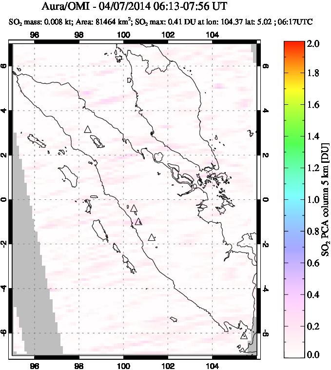 A sulfur dioxide image over Sumatra, Indonesia on Apr 07, 2014.