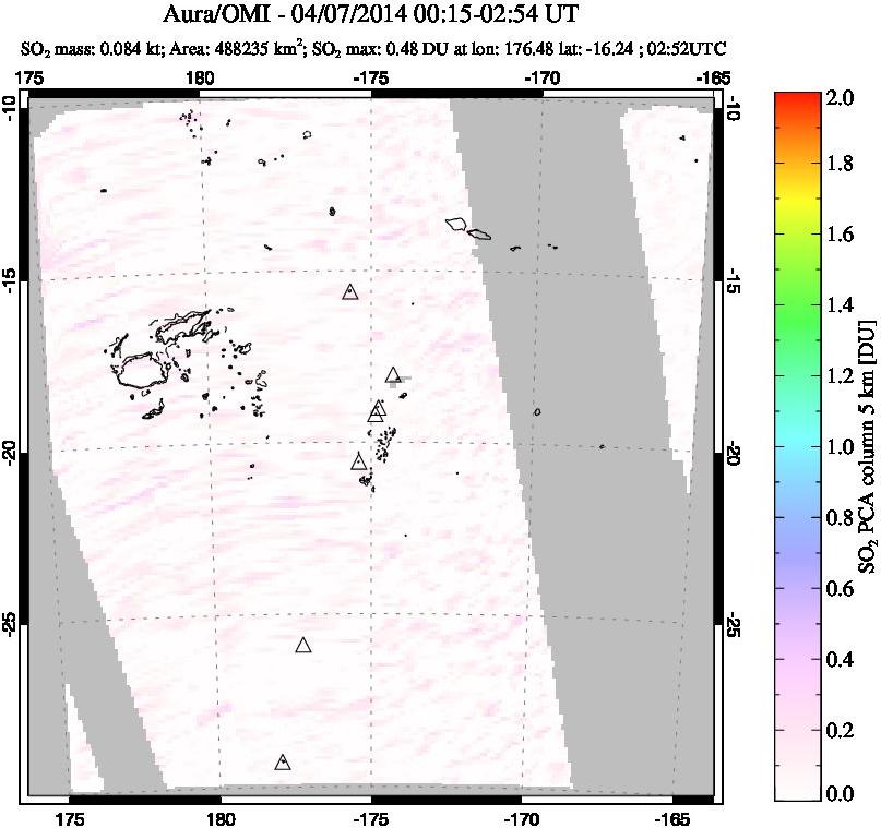 A sulfur dioxide image over Tonga, South Pacific on Apr 07, 2014.