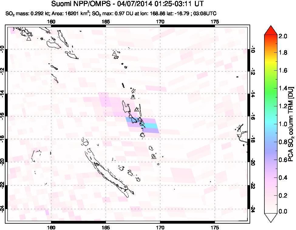 A sulfur dioxide image over Vanuatu, South Pacific on Apr 07, 2014.