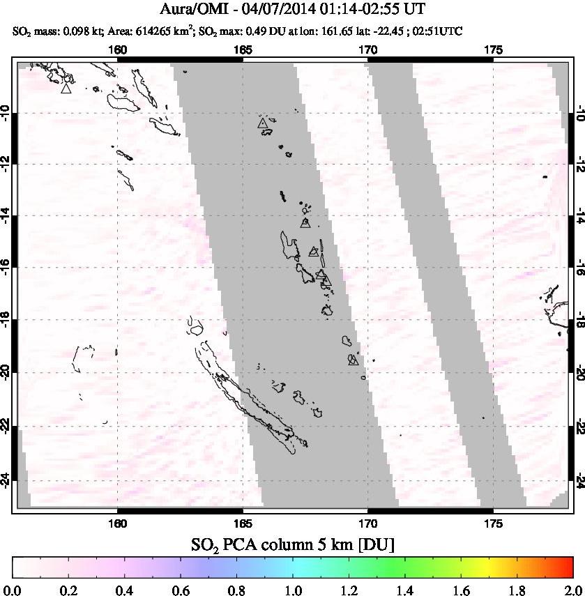 A sulfur dioxide image over Vanuatu, South Pacific on Apr 07, 2014.