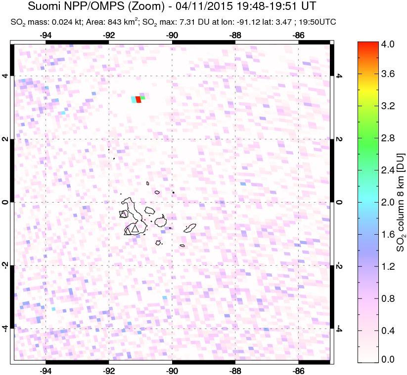 A sulfur dioxide image over Galápagos Islands on Apr 11, 2015.