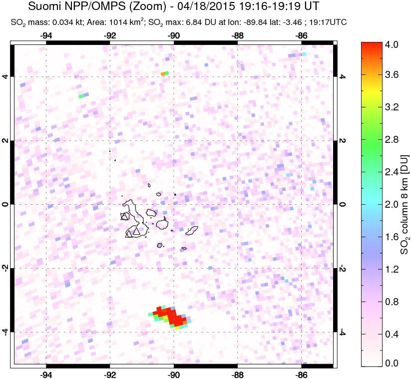 A sulfur dioxide image over Galápagos Islands on Apr 18, 2015.