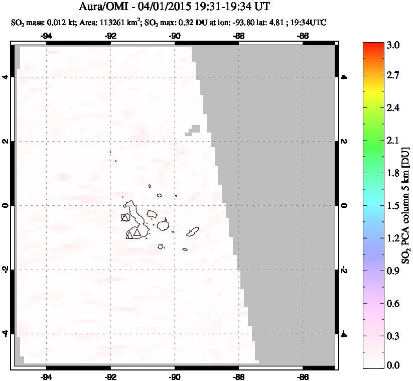 A sulfur dioxide image over Galápagos Islands on Apr 01, 2015.