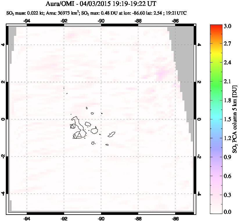 A sulfur dioxide image over Galápagos Islands on Apr 03, 2015.
