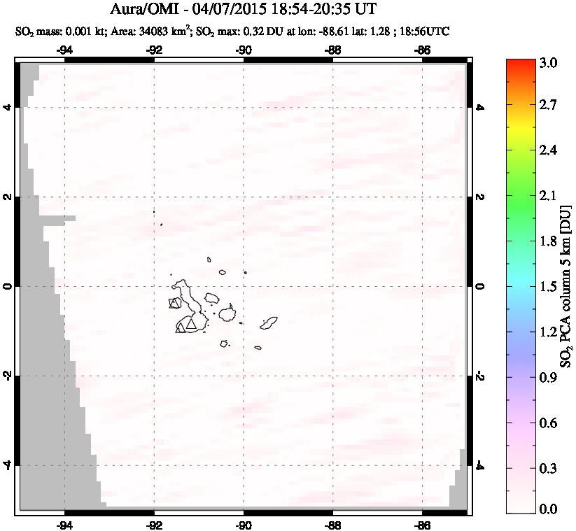 A sulfur dioxide image over Galápagos Islands on Apr 07, 2015.