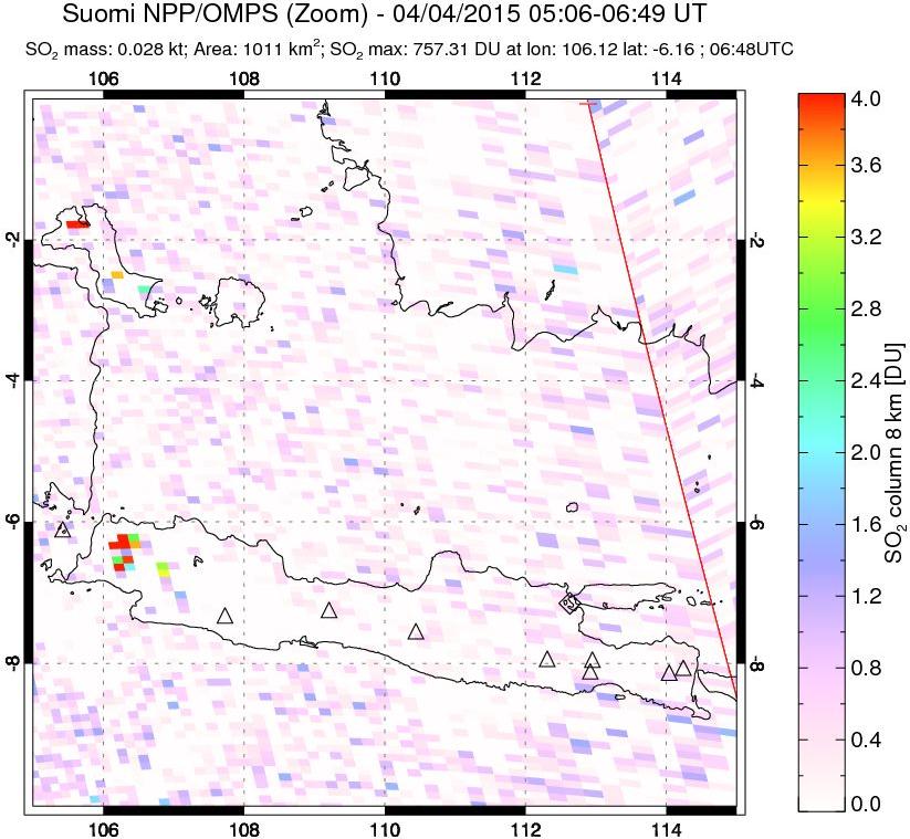 A sulfur dioxide image over Java, Indonesia on Apr 04, 2015.