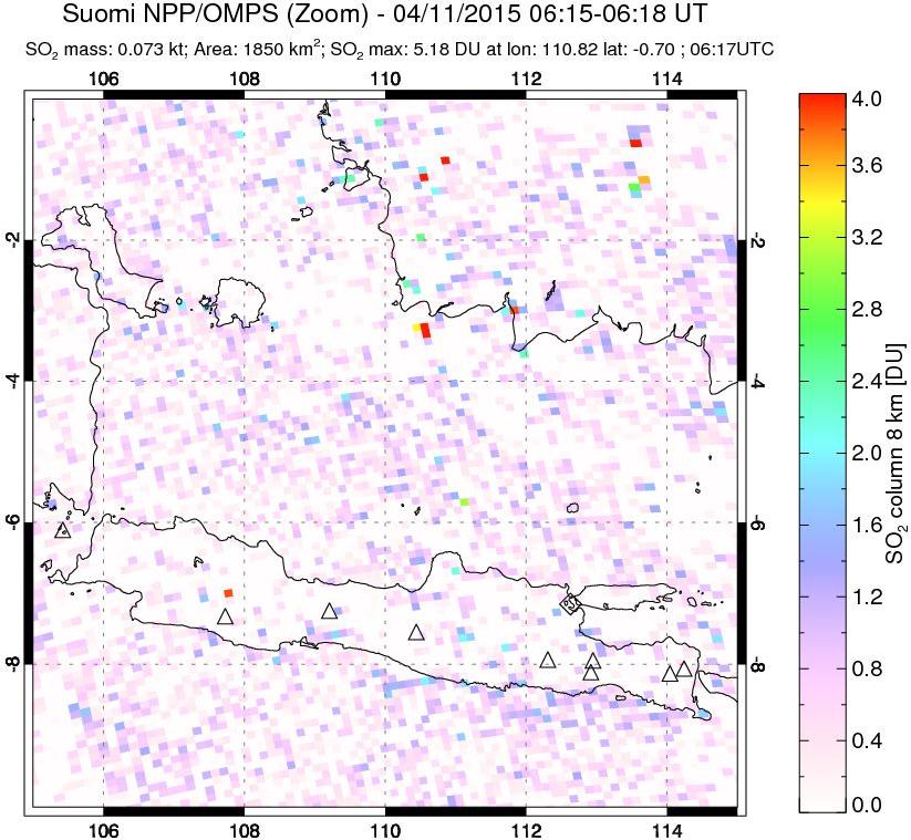 A sulfur dioxide image over Java, Indonesia on Apr 11, 2015.
